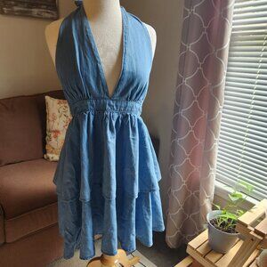 ❤️Asos Blue Denim Ruffle Tiered Halter Dress. UK 14 *Stain*